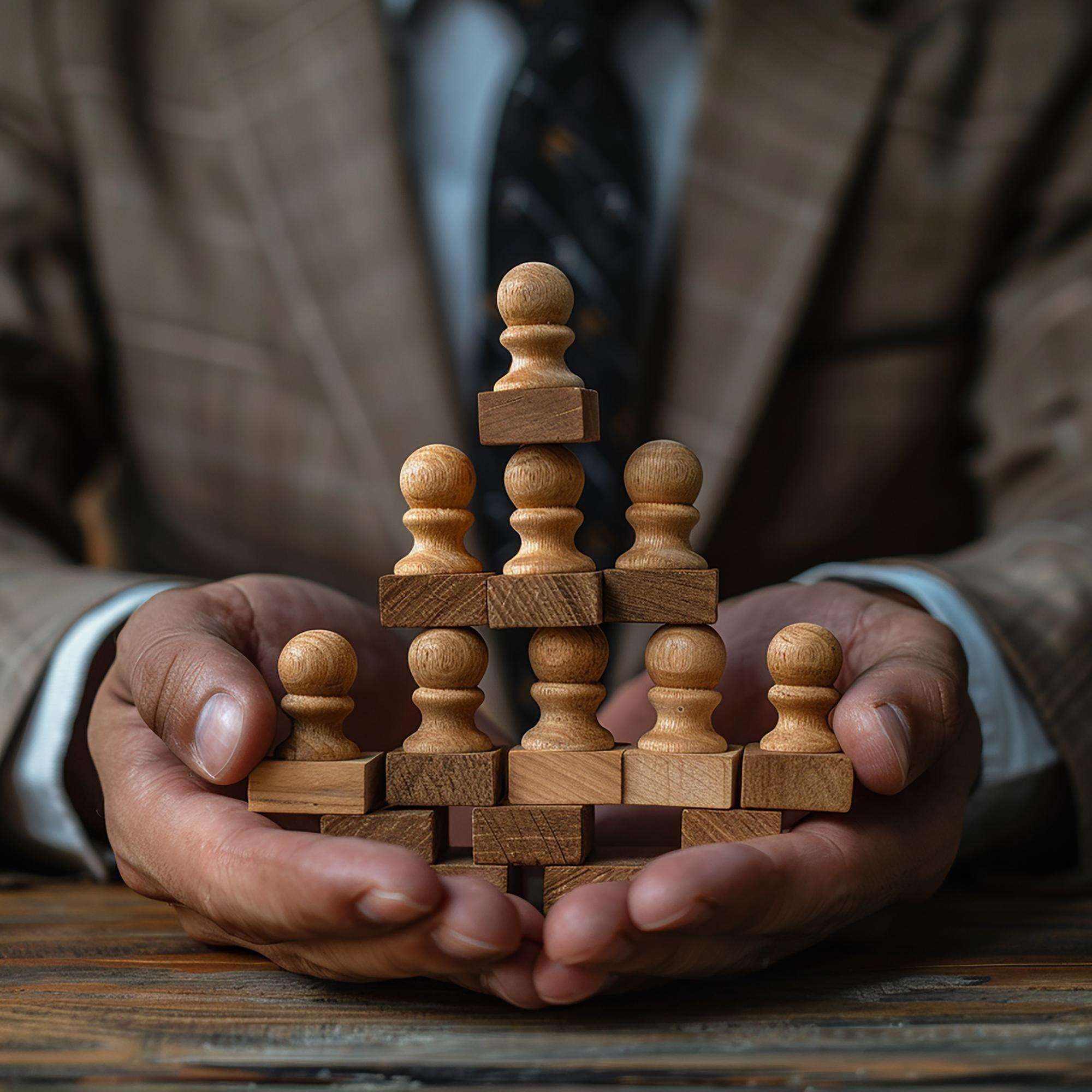 Hands holding wooden chess pieces