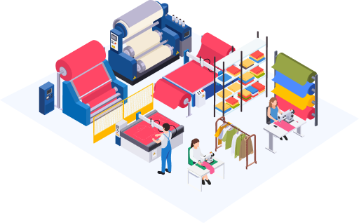 Isometric factory illustration with connected process icons